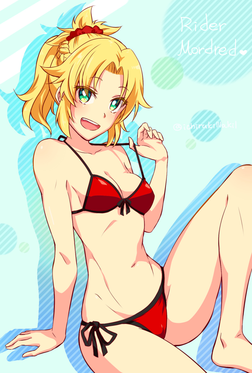 1girl, :d, bikini, bikini_pull, blonde_hair, breasts, character_name, cleavage