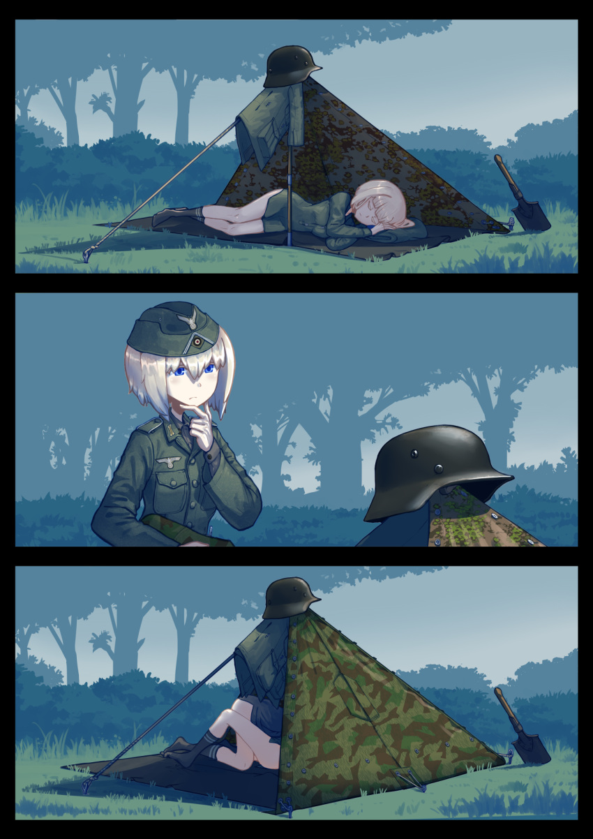 2girls, blonde_hair, blue_eyes, comic, commentary, erica_(naze1940), garrison_cap, hat