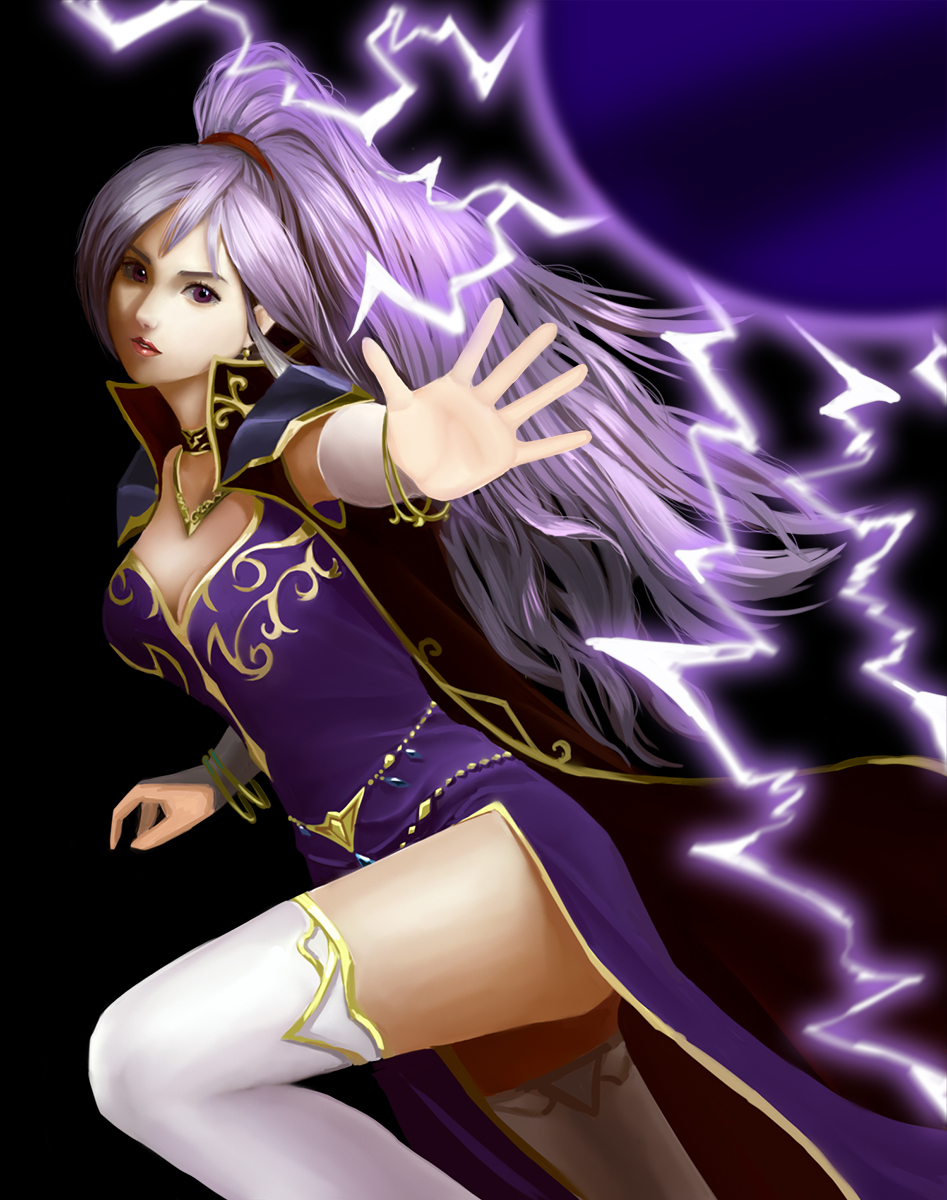 1girl, breasts, cleavage, commentary_request, dress, earrings, electricity, fire_emblem