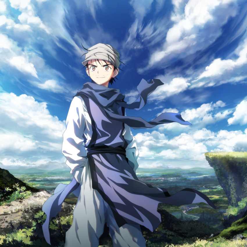 1boy, absurdres, baggy_clothes, baggy_pants, black_hair, blue_scarf, brown_eyes, clouds