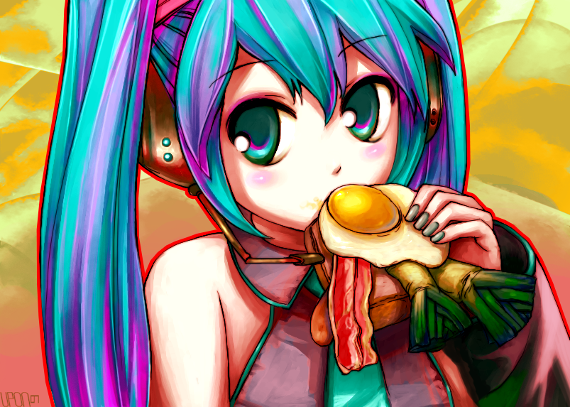 breakfast, detached_sleeves, eating, egg, eggs, food, green_eyes, hatsune_miku