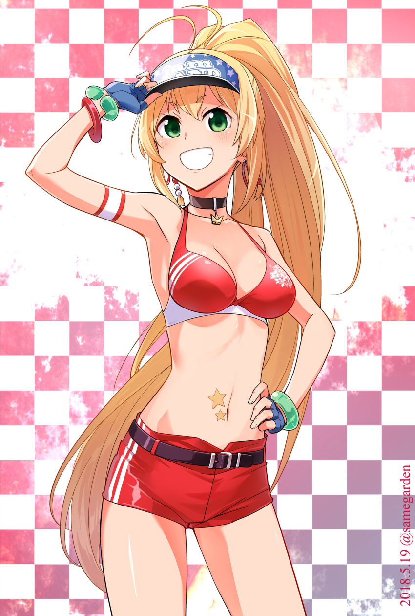 1girl, :d, antenna_hair, arm_strap, armpits, bangs, belt, blonde_hair