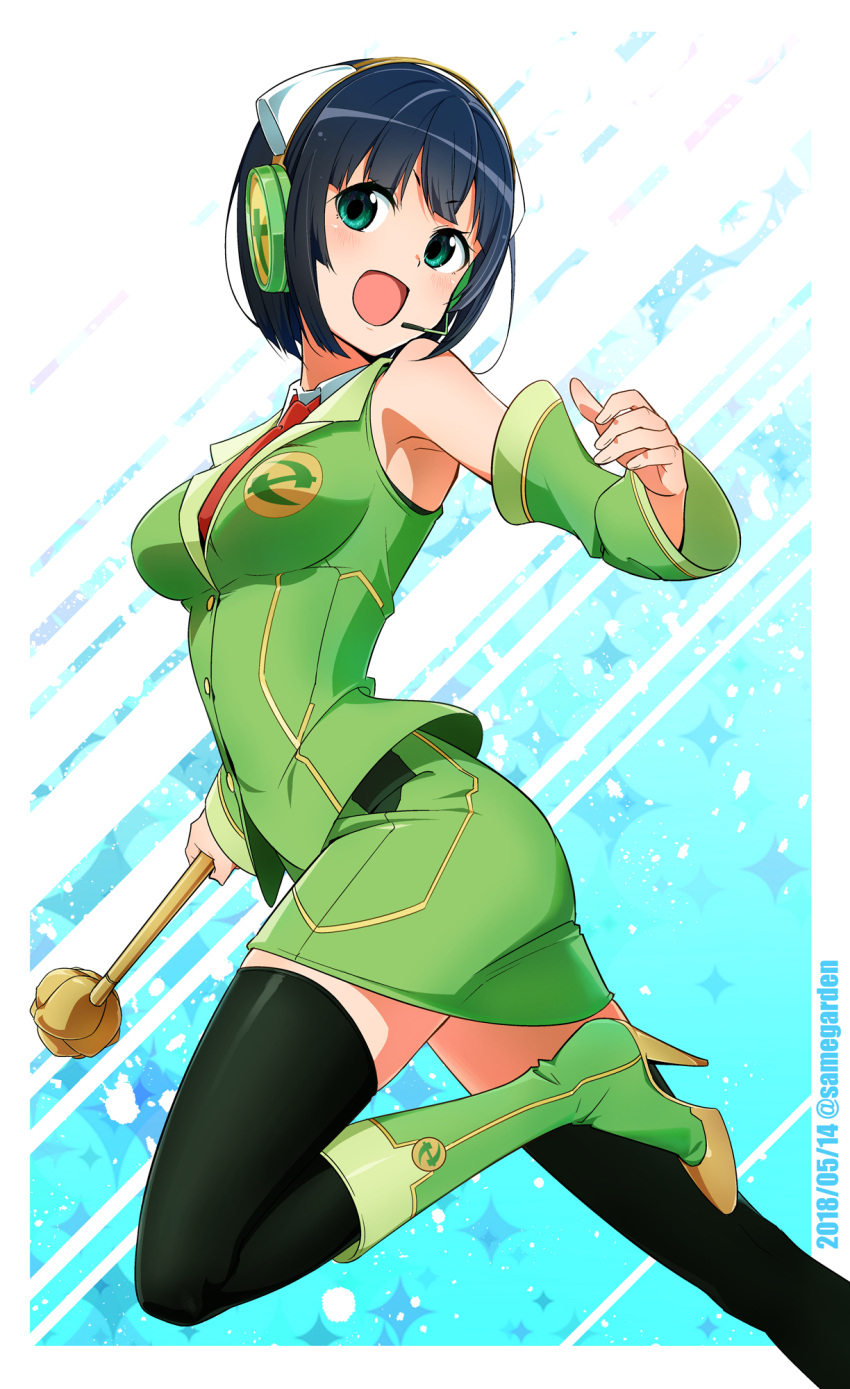1girl, 2018, :d, black_hair, black_legwear, boots, dated, detached_sleeves
