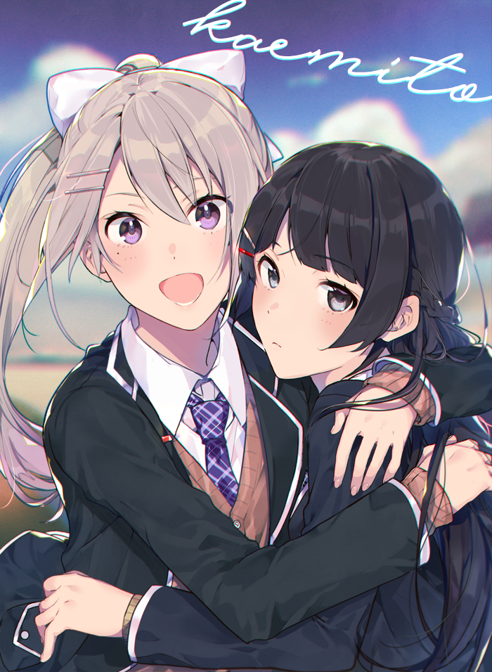 2girls, :d, black_blazer, black_hair, blazer, blush, bow, braid