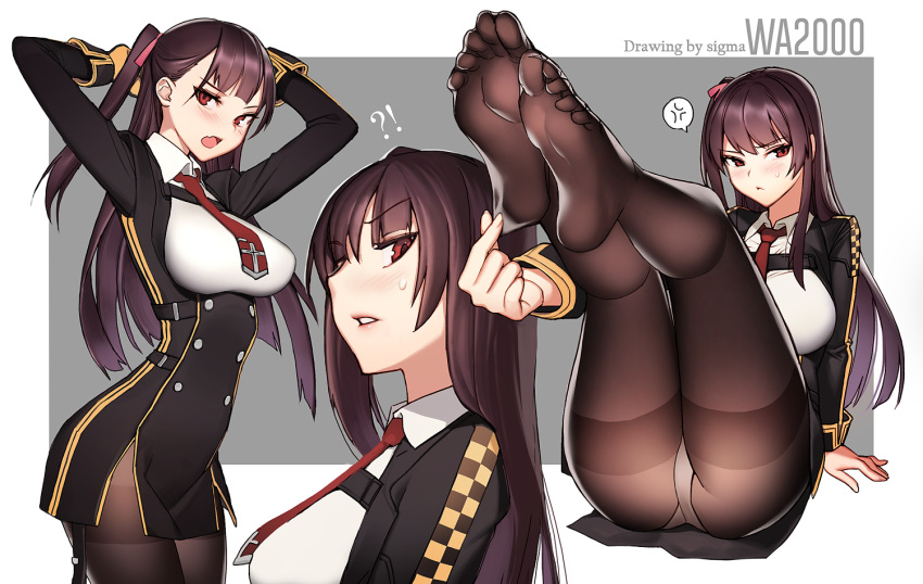 !?, 1girl, anger_vein, arms_behind_head, artist_name, bangs, black_legwear, blazer