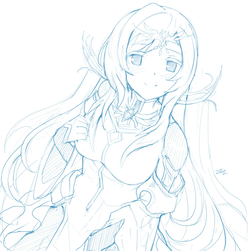 1girl, absurdres, blush, breasts, detached_sleeves, el_lady, elsword, harniel, highres, long_hair, long_sleeves, sketch, smile