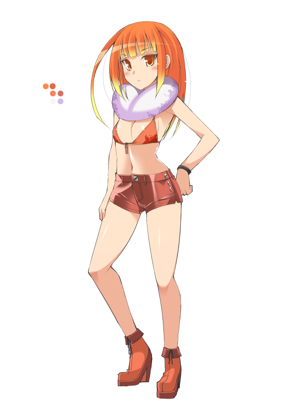 1girl, ankle_boots, blush, boots, brown_footwear, closed_mouth, color_guide, contrapposto, full_body, fur_collar, gradient_hair, great_wroggi, hand_on_hip, high_heel_boots, high_heels, looking_at_viewer, monster_hunter, multicolored_hair, oota_yuuichi, orange_eyes, orange_hair, personification, short_shorts, shorts, simple_background, solo, standing, white_background, wristband