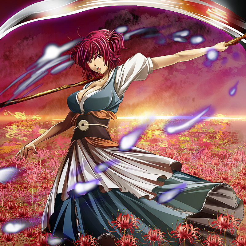 breasts, flower, higanbana, onozuka_komachi, red_hair, redhead, scythe, short_hair