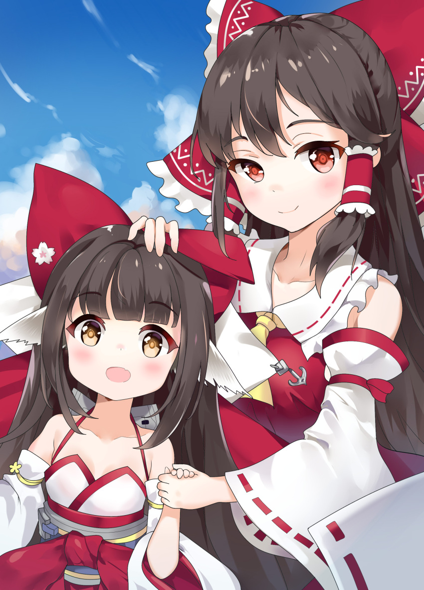 2girls, absurdres, animal_ears, azur_lane, black_hair, bow, clouds, collarbone