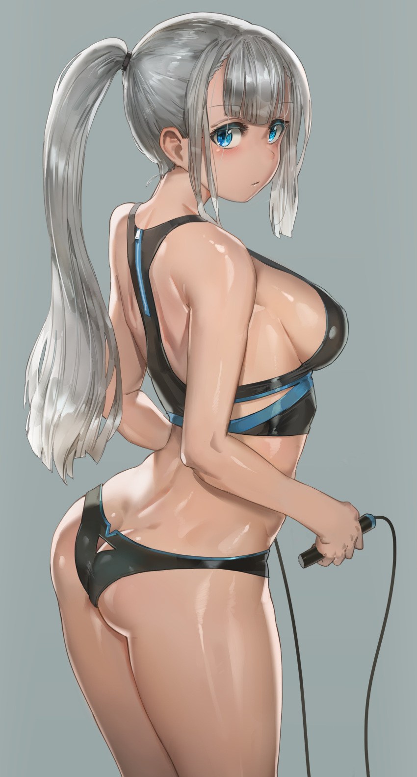 1girl, absurdres, ass, ass_cutout, black_panties, blue_eyes, blush, breasts