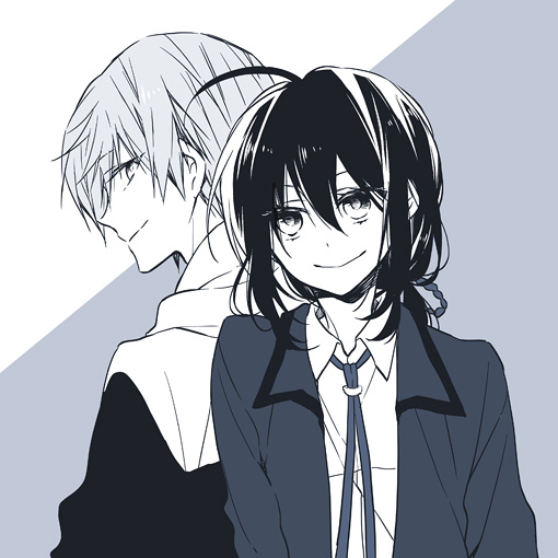 2boys, ahoge, back-to-back, black_hair, collared_shirt, grey_background, ichigo_hitofuri, long_sleeves