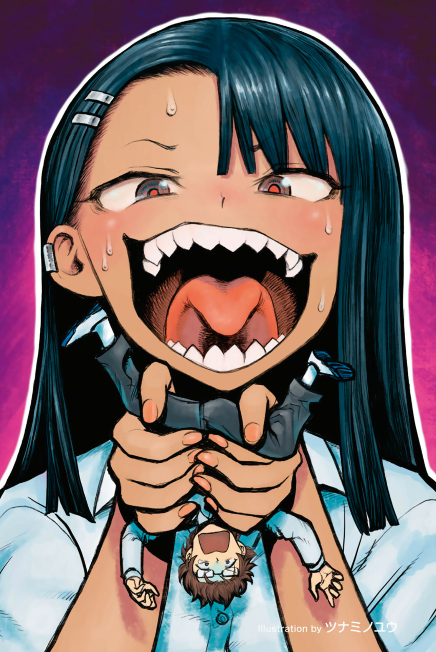 1boy, 1girl, artist_name, black_hair, blush, brown_hair, d:, dark_skin