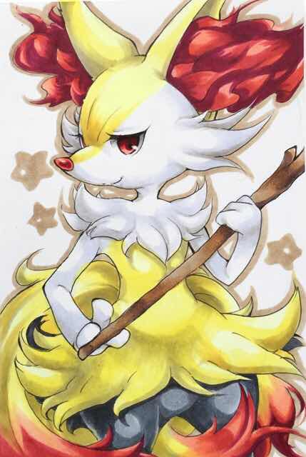 braixen, closed_mouth, colored_pencil_(medium), cowboy_shot, gen_7_pokemon, holding_stick, looking_at_viewer, marker_(medium)