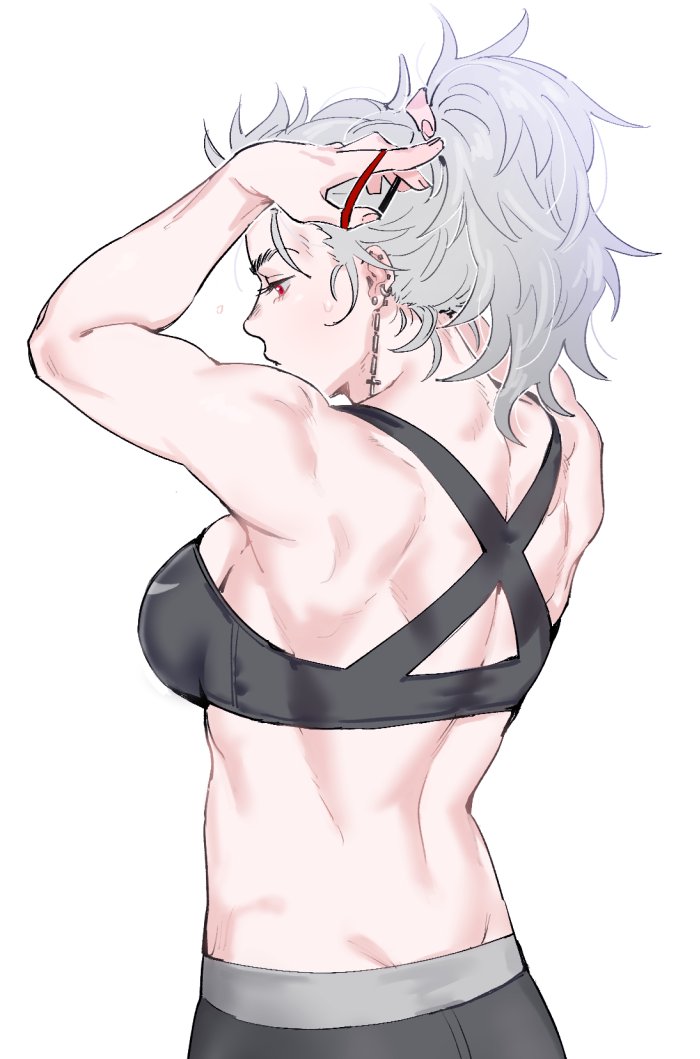 1girl, black_bra, bra, breasts, commentary, cross, cross_earrings, dorohedoro, earrings, hair_ornament, hair_scrunchie, hairdressing, jeje_(pixiv12541114), jewelry, muscle, muscular_female, noi_(dorohedoro), red_eyes, scrunchie, sideboob, solo, sportswear, underwear, white_background, white_hair