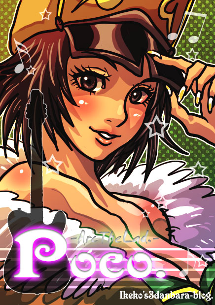 blush, breasts, brown_eyes, brown_hair, cleavage, genderswap, guitar, hat
