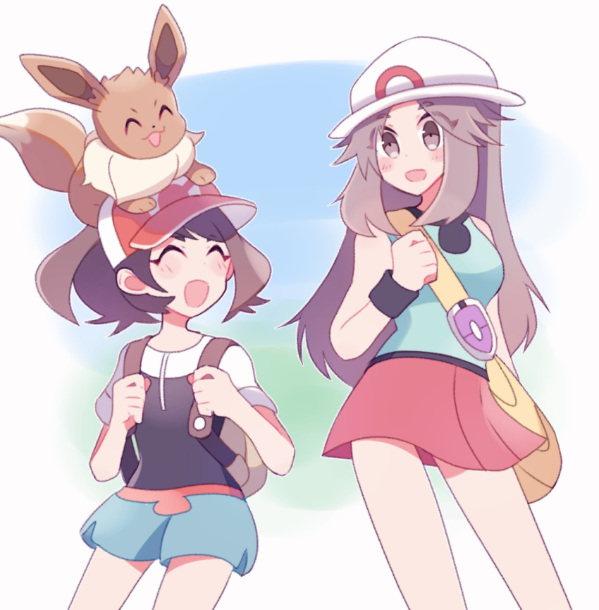 2girls, animal, animal_on_head, backpack, bag, blue_(pokemon), blue_shorts, brown_eyes