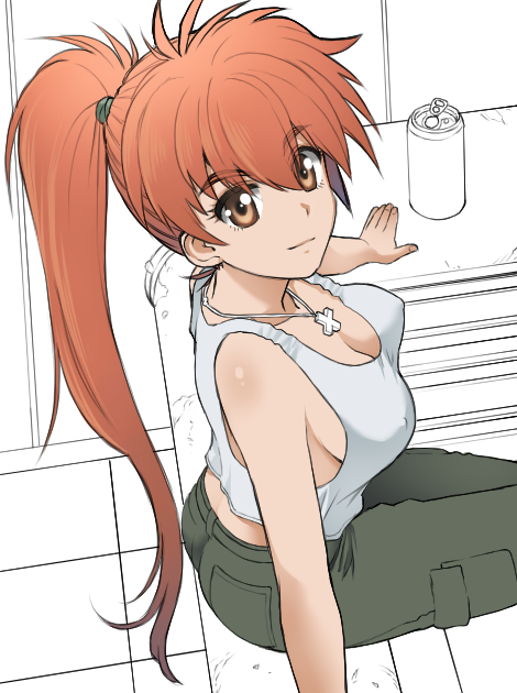 1girl, breasts, brown_eyes, cleavage, cross, cross_necklace, drink, erect_nipples