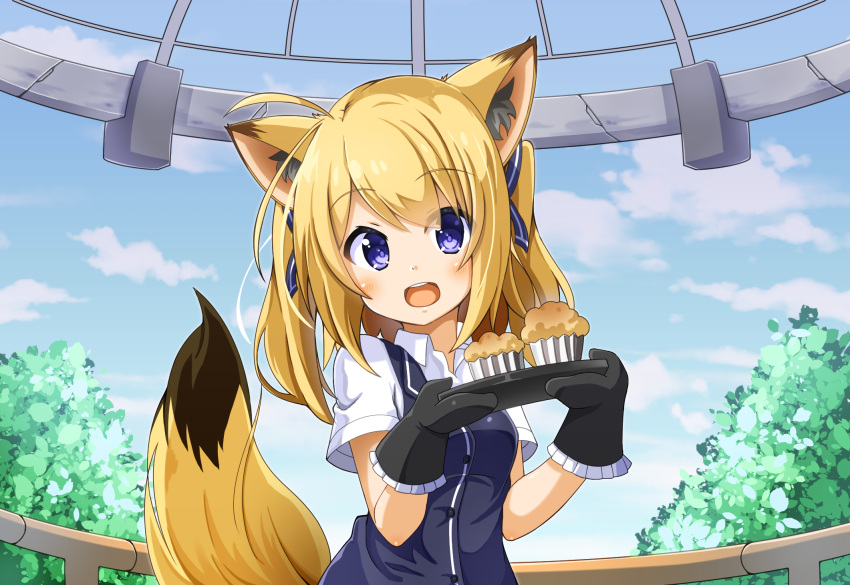 1girl, :d, animal_ears, blonde_hair, blue_eyes, chaakusu, clouds, commentary_request