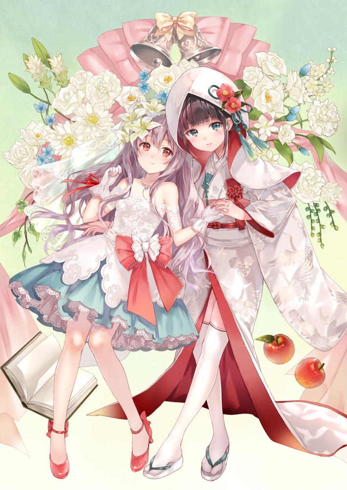 2girls, apple, bangs, bare_shoulders, bell, blue_flower, blue_skirt, blush