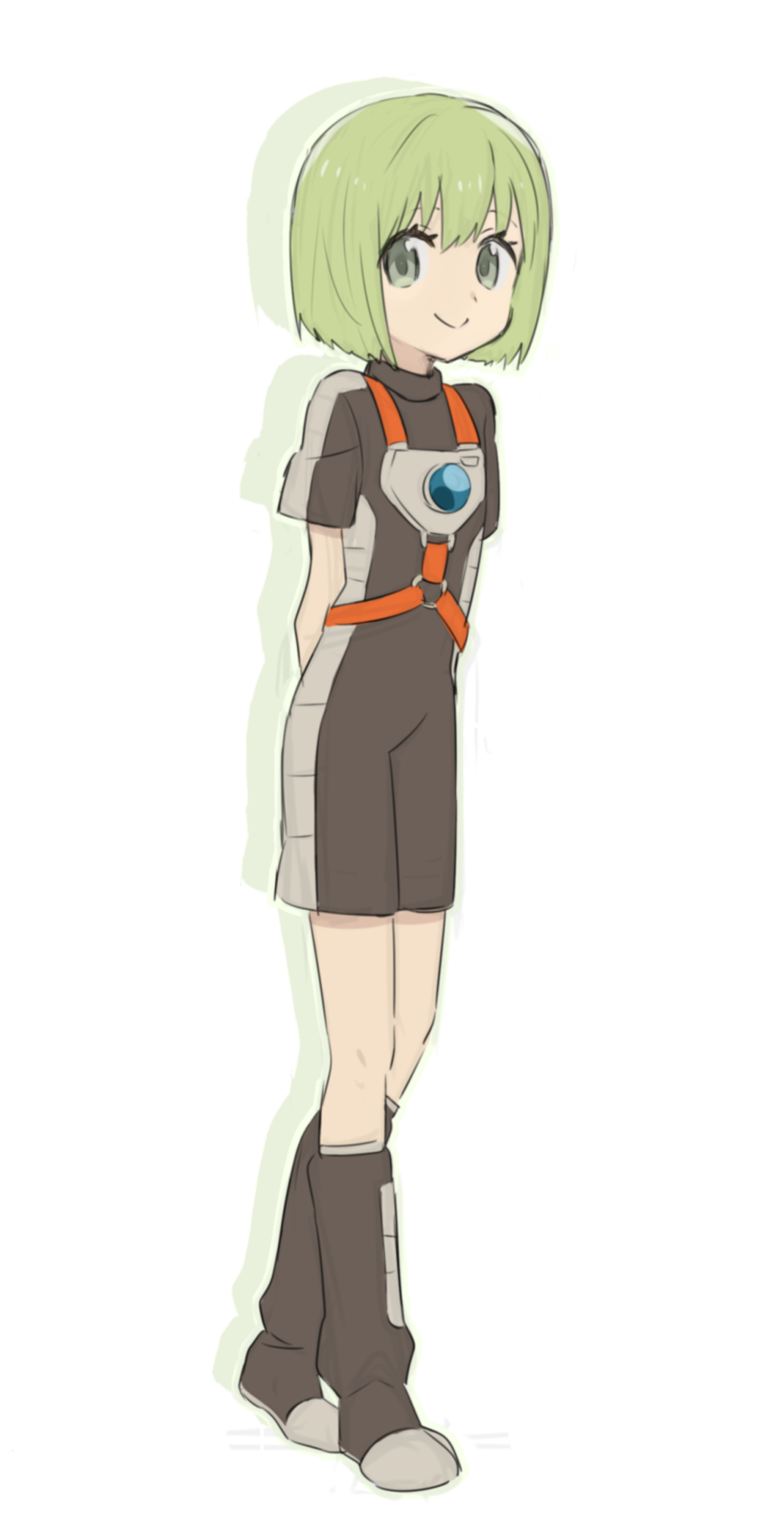 1girl, :>, arms_behind_back, bob_cut, boots, darling_in_the_franxx, drop_shadow, green_hair, harness, highres, mt.somo, nine_delta, short_hair, short_jumpsuit, short_sleeves, simple_background, sketch, smile, white_background