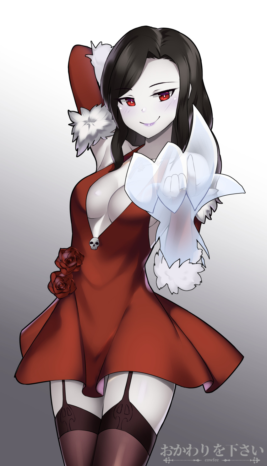 1girl, absurdres, arm_behind_head, artist_name, beckoning, black_hair, breasts, bridal_gauntlets