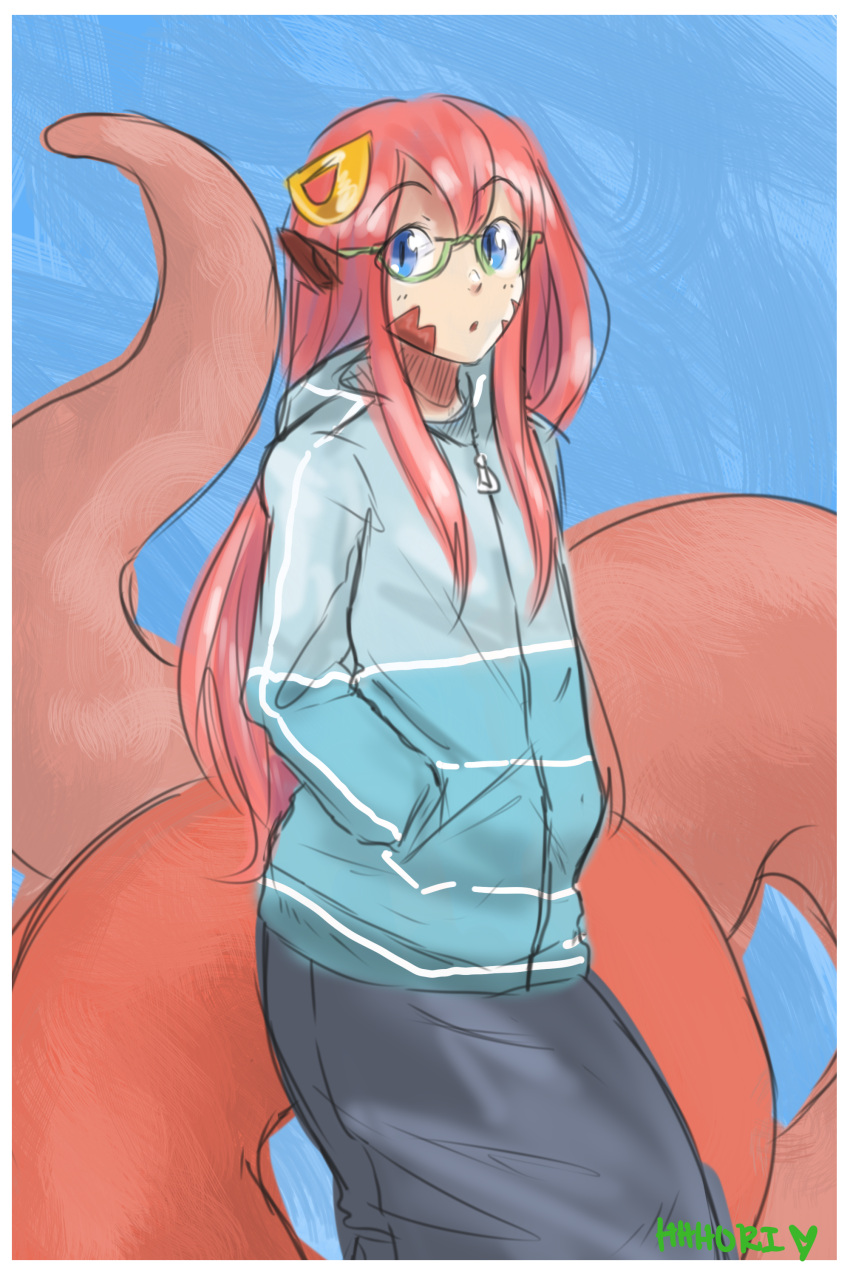 1girl, absurdres, animal_ears, blue_eyes, cherry_(snekfag), commentary_request, commission, eyebrows_visible_through_hair, glasses, green-framed_eyewear, hair_ornament, hands_in_pockets, hhhori, highres, hood, hood_down, hoodie, lamia, long_hair, long_sleeves, looking_at_viewer, monster_girl, monster_musume_no_iru_nichijou, original, parted_lips, redhead, scales, semi-rimless_eyewear, signature, slit_pupils, solo, standing, under-rim_eyewear