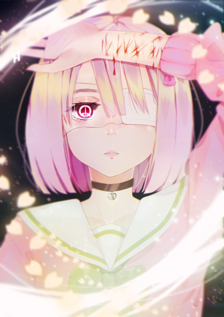 1girl, amagai_kosame, arm_up, bleeding, blood, blurry, bow, choker