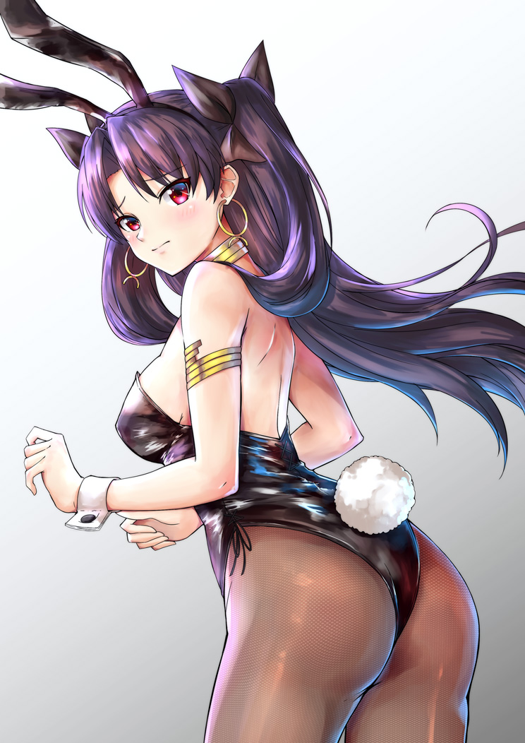 1girl, animal_ears, ass, black_hair, black_legwear, black_leotard, black_ribbon, bunny_girl, bunny_tail, bunnysuit, cowboy_shot, earrings, fate/grand_order, fate_(series), from_behind, gradient, gradient_background, hair_ribbon, hoop_earrings, ishtar_(fate/grand_order), jewelry, kelinch1, leotard, neck_ring, pantyhose, rabbit_ears, red_eyes, ribbon, solo, strapless, strapless_leotard, tail, tohsaka_rin, two_side_up, white_background, wrist_cuffs