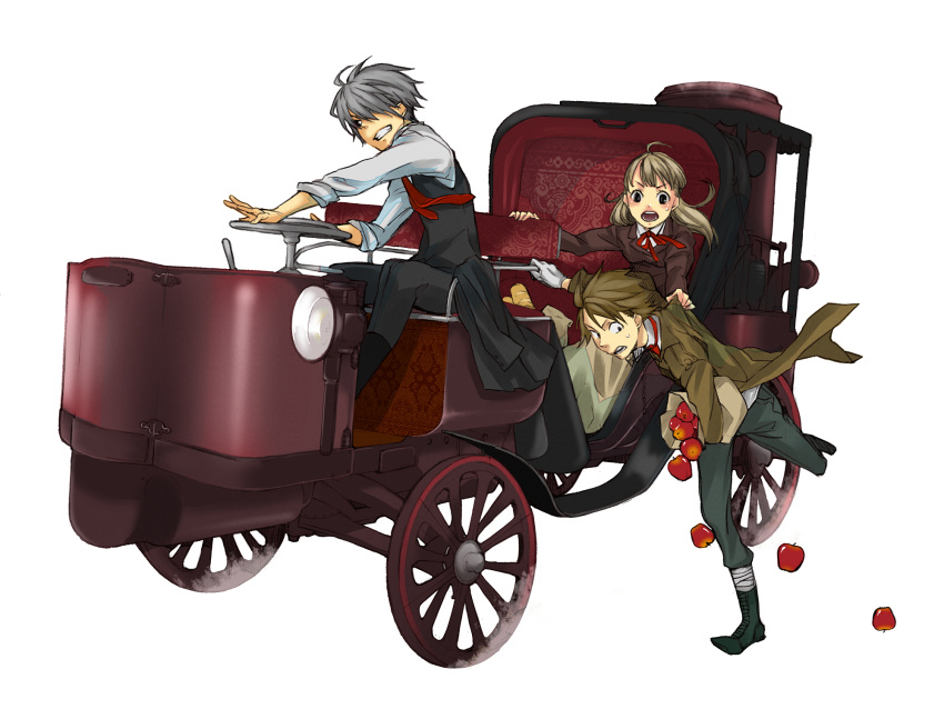 apples, bad_id, brown_hair, car, food, fruit, highres, motor_vehicle, original, silver_hair, steam_punk, steampunk, todoroki_sora, vehicle, victorian