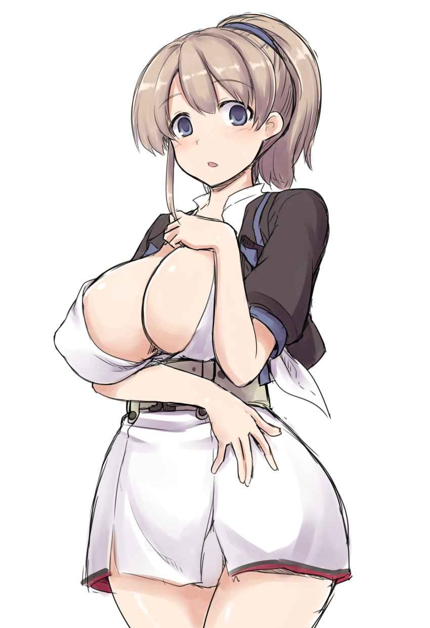 1girl, absurdres, belt, black_shirt, blue_eyes, breasts, brown_hair, cowboy_shot