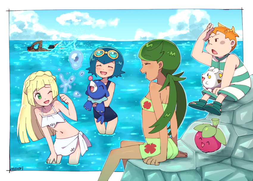 2boys, 3girls, artist_name, bikini, blonde_hair, blue_hair, blue_sky, bounsweet