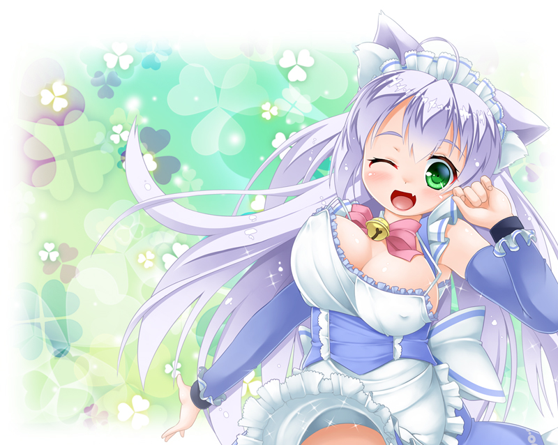 1girl, ;d, ahoge, animal_ears, breasts, cat_ears, commentary_request, detached_sleeves