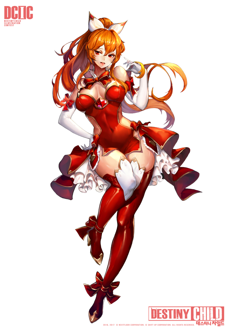 1girl, boots, bow, breasts, copyright_name, dermiss, destiny_child, elbow_gloves, full_body, gloves, hair_between_eyes, hair_bow, hand_on_hip, high_heels, high_ponytail, highres, large_breasts, long_hair, looking_at_viewer, looking_away, midriff, navel, open_mouth, panties, red_eyes, red_legwear, red_ribbon, redhead, ribbon, sidelocks, simple_background, solo, thigh-highs, thigh_boots, thighs, underwear, very_long_hair, white_background, white_gloves