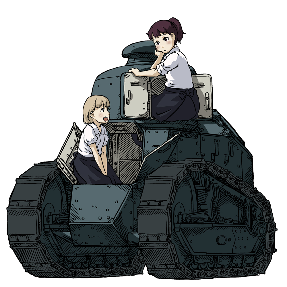 2girls, apron, arm_support, blonde_hair, brown_hair, ground_vehicle, koitsu_tera_auau, military