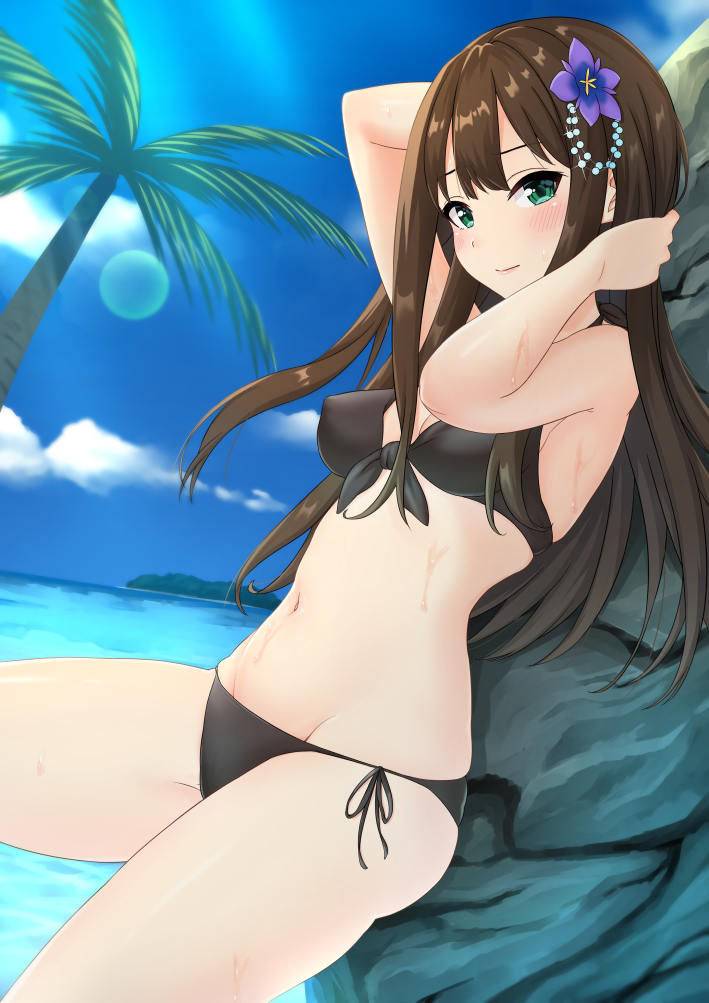 1girl, against_rock, beach, bikini, black_bikini, blue_sky, brown_hair, clouds