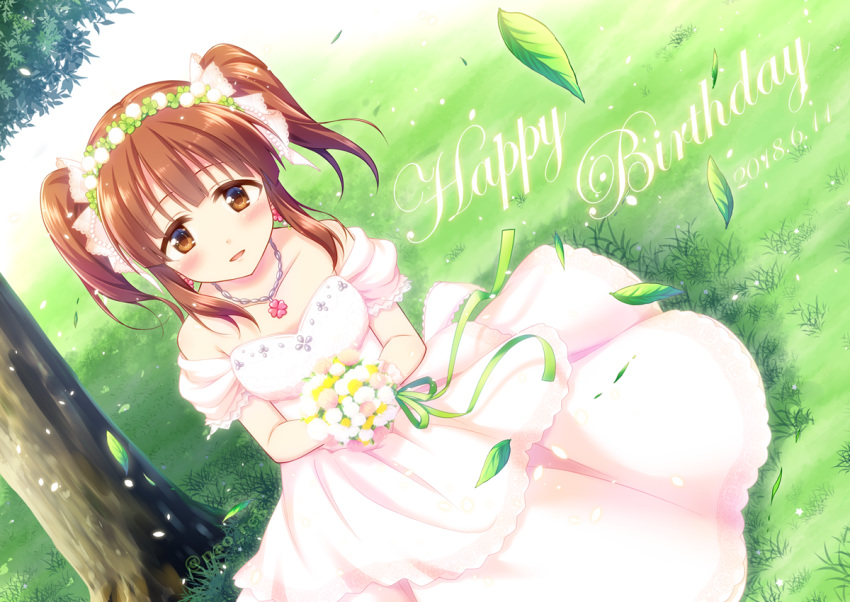 1girl, bare_shoulders, bouquet, brown_eyes, brown_hair, clover, clover_hair_ornament, commentary_request