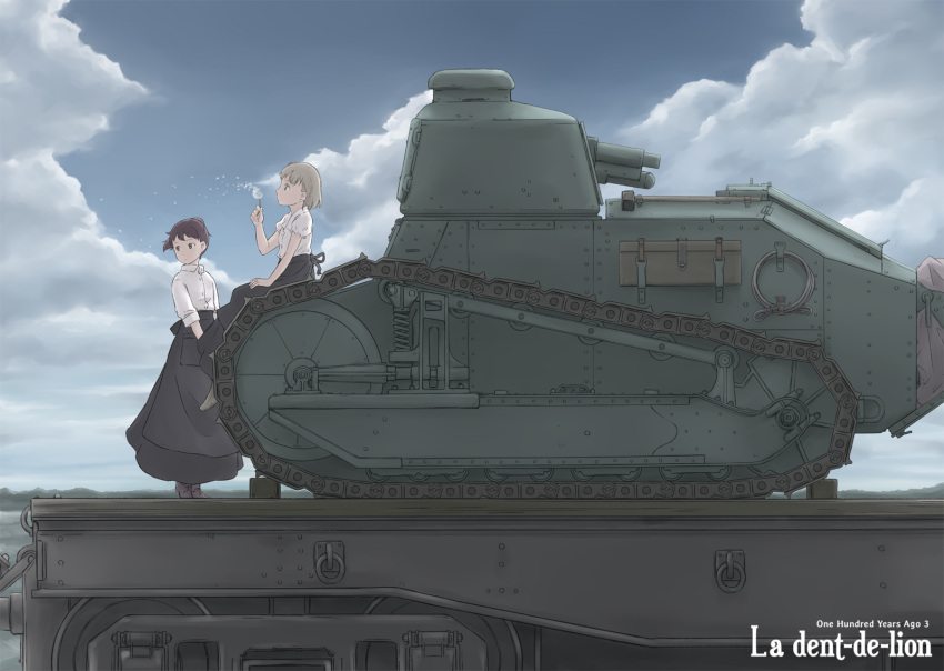 2girls, brown_eyes, brown_hair, clouds, flower, ft-17, ground_vehicle, highres