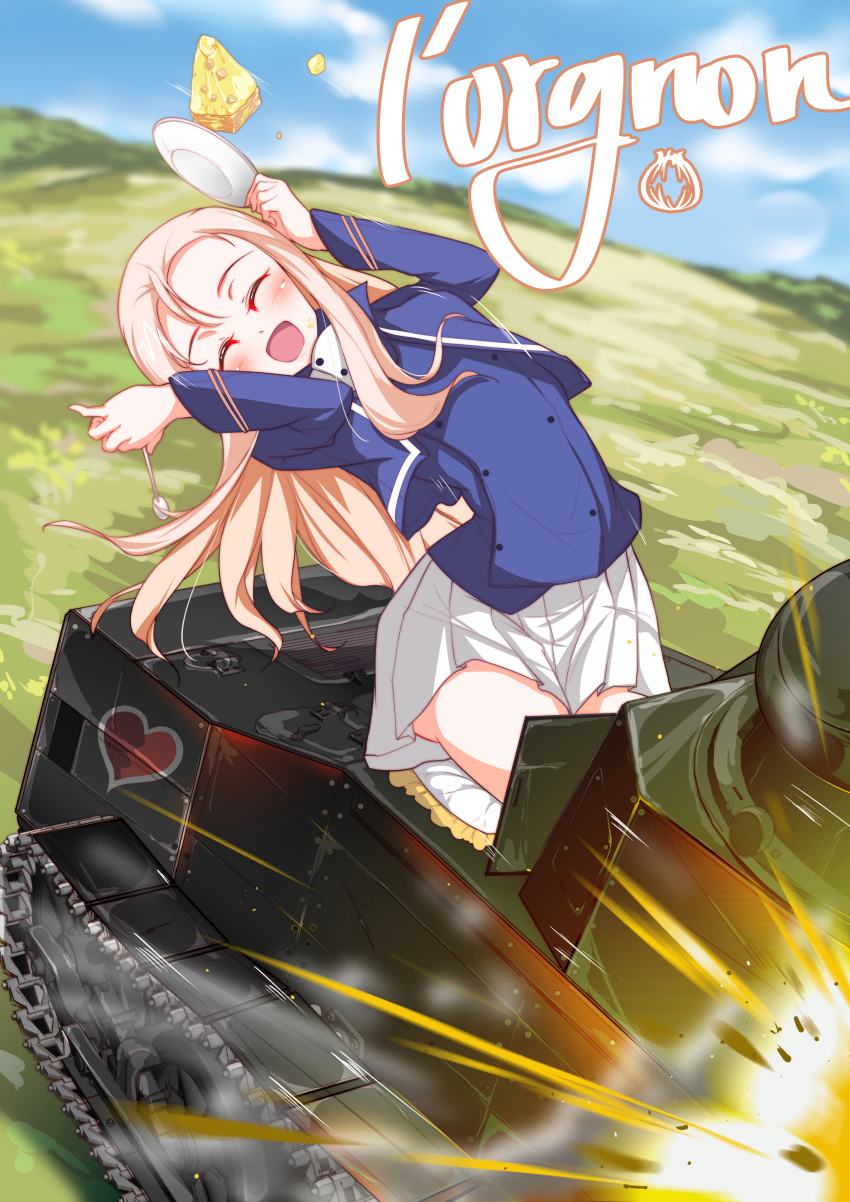 1girl, absurdres, bc_freedom_(emblem), bc_freedom_military_uniform, blonde_hair, cake, chengcheng2b, clouds