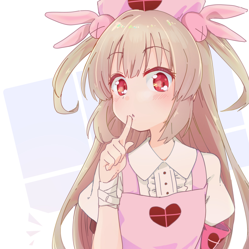 :o, apron, asamori, bandage, blonde_hair, bunny_hair_ornament, eyebrows_visible_through_hair, hair_ornament