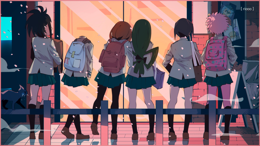 6+girls, artist_name, ashido_mina, asui_tsuyu, backpack, bag, black_hair, boku_no_hero_academia, brown_footwear, brown_hair, cat, cherry_blossoms, facing_away, friends, from_behind, full_body, glass_door, green_hair, green_skirt, grey_jacket, hagakure_tooru, hair_rings, high_ponytail, highres, holding, holding_backpack, horns, invisible, jacket, jirou_kyouka, kneehighs, leaning_to_the_side, long_hair, long_sleeves, looking_at_another, low-tied_long_hair, messy_hair, multiple_girls, outdoors, pantyhose, petals, pink_hair, pink_skin, ponytail, poster_(object), railing, riooo1, school_uniform, shoes, short_hair, shoulder_bag, skirt, standing, standing_on_one_leg, u.a._school_uniform, uraraka_ochako, walking, yaoyorozu_momo