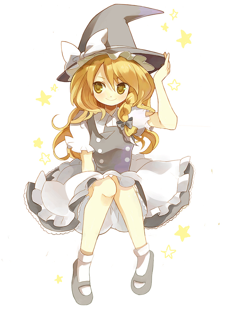 blonde_hair, bloomers, bow, braid, hair_ribbon, hat, hat_ribbon, kirisame_marisa, kitsuta, kizuta, long_hair, mary_janes, ribbon, shoes, smile, socks, touhou, witch_hat, yellow_eyes
