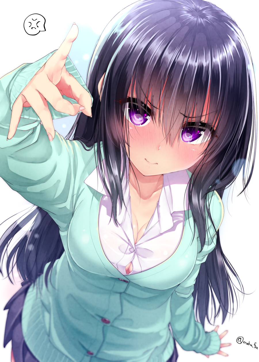>:(, 1girl, anger_vein, angry, black_hair, blue_background, blue_skirt, blush