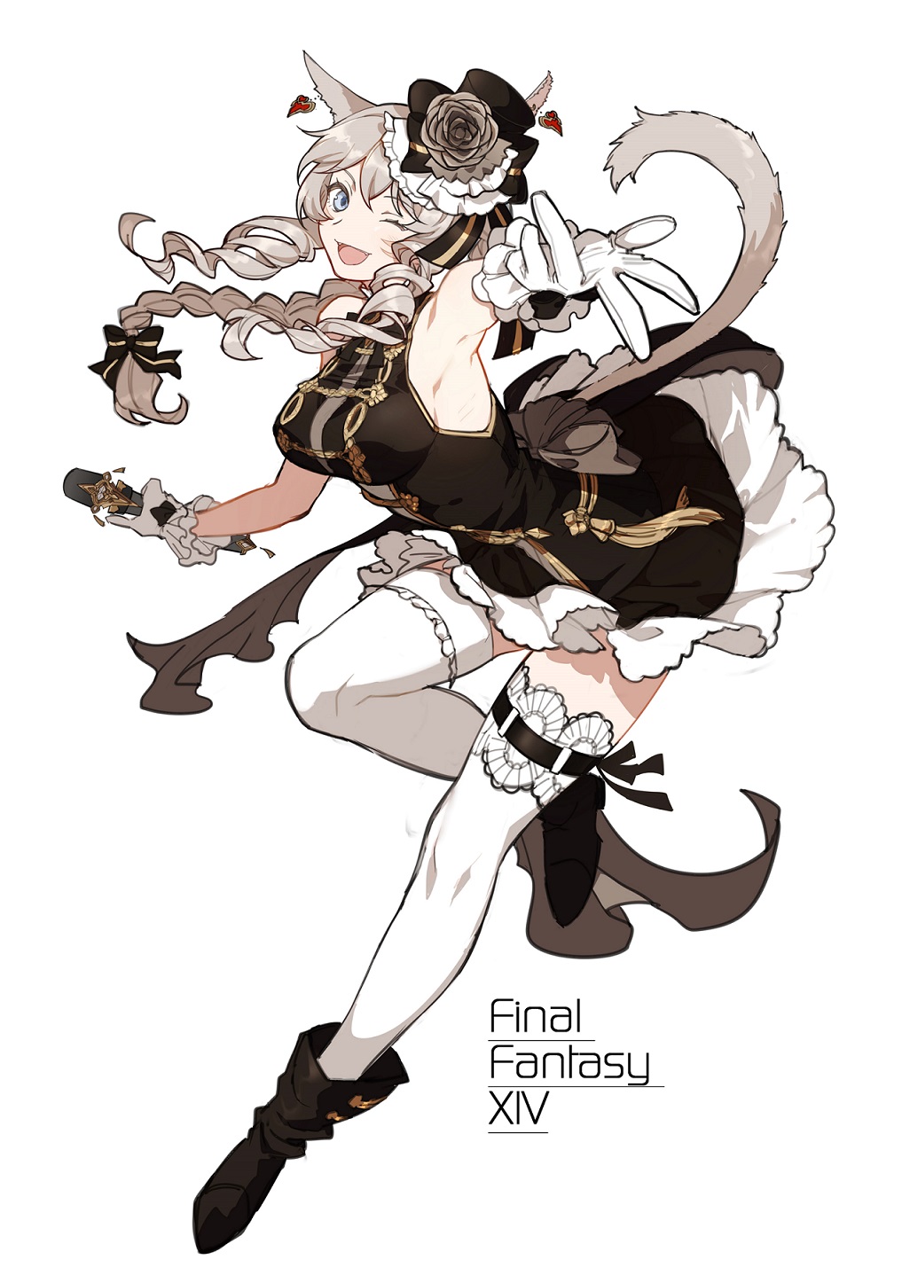 1girl, animal_ears, armpits, blue_eyes, bow, braid, cat_ears, cat_tail