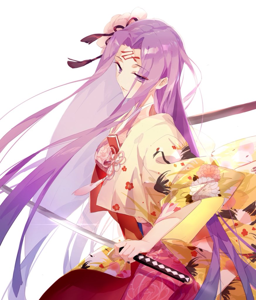 1girl, cosplay, e_(h798602056), facial_mark, fate/stay_night, fate_(series), flower, forehead_mark, hair_flower, hair_ornament, holding, holding_weapon, japanese_clothes, kara_no_kyoukai, katana, kimono, long_hair, purple_hair, rider, ryougi_shiki, ryougi_shiki_(cosplay), simple_background, smile, solo, sword, very_long_hair, violet_eyes, weapon, white_background