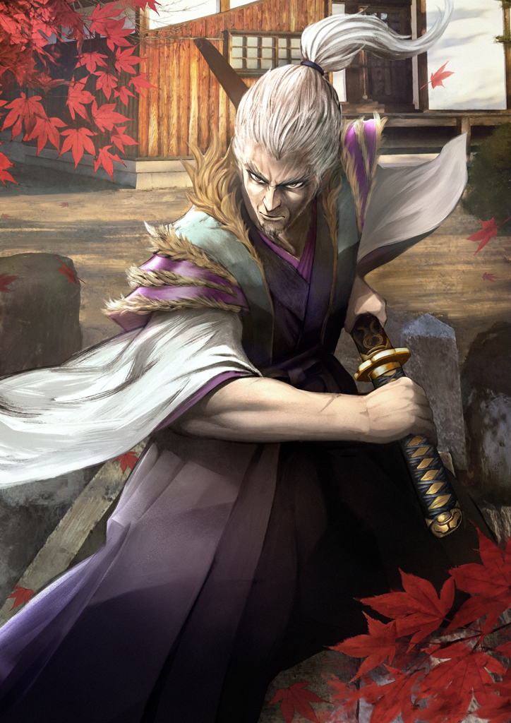 1boy, autumn_leaves, brown_eyes, building, copyright_request, day, fighting_stance, grey_hair