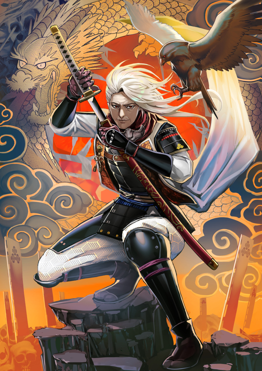 1boy, armor, battle_standard, bird, bracer, dragon, eastern_dragon, facial_hair