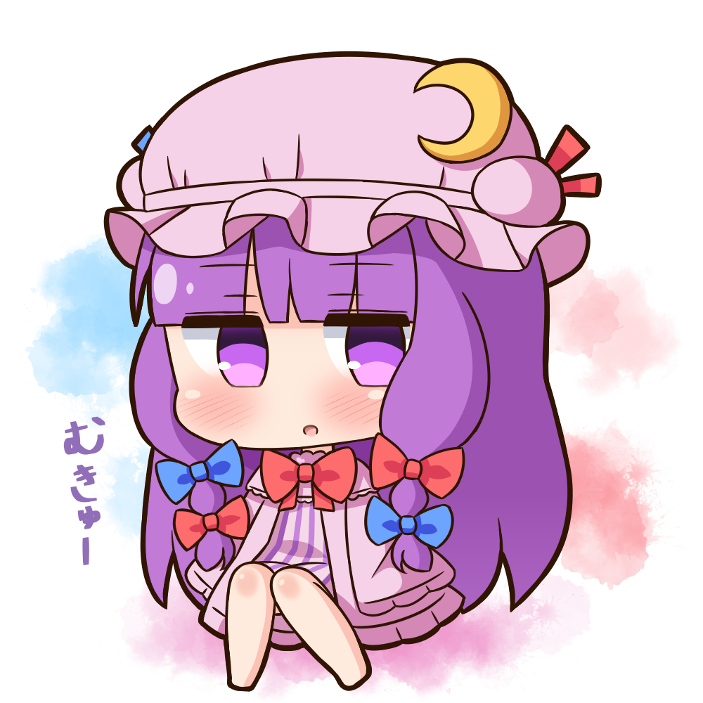 1girl, :o, bangs, barefoot, blue_bow, blush, bow, chibi