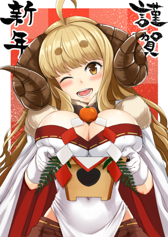 1girl, ahoge, anila_(granblue_fantasy), blush, breast_rest, breasts, cleavage, covered_navel