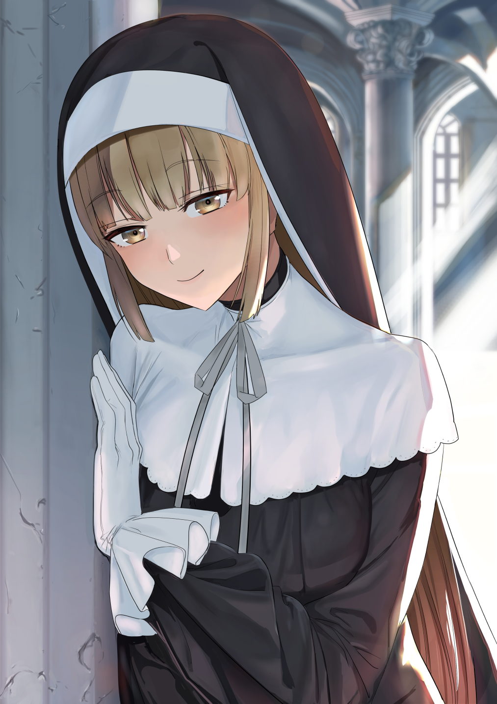 1girl, against_wall, bangs, capelet, church_interior, day, eyebrows_visible_through_hair, gloves