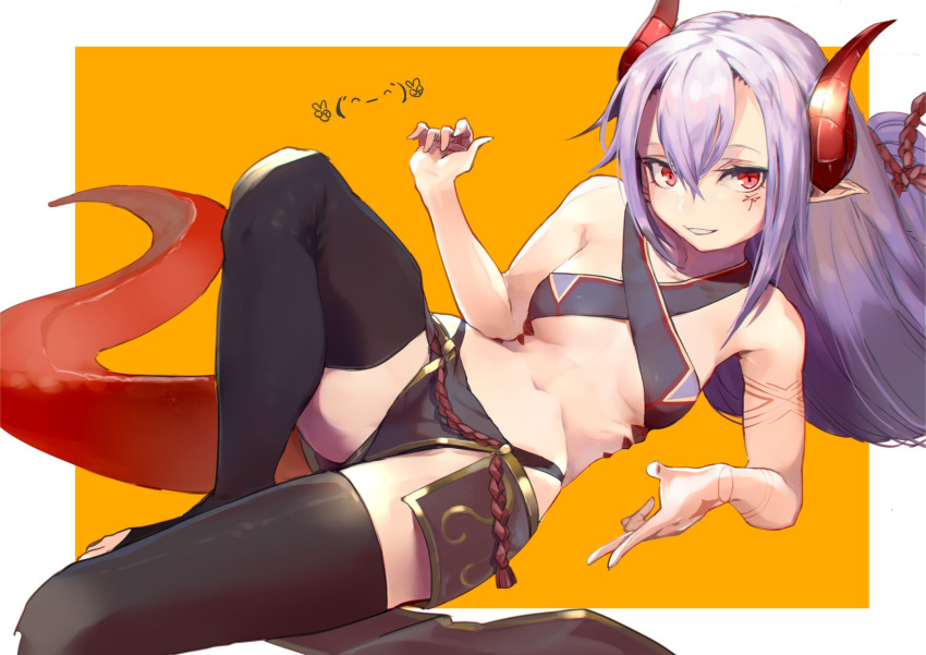1girl, bikini, black_legwear, breasts, dragon_tail, facial_mark, halter_top, halterneck